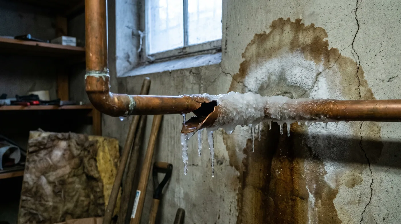 Frozen pipe burst causing water damage in a PNW home during a winter ice storm