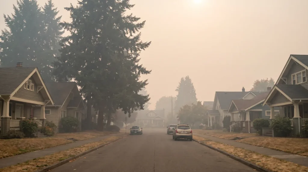 Wildfire smoke haze visible over a Portland neighborhood during an Oregon fire season event