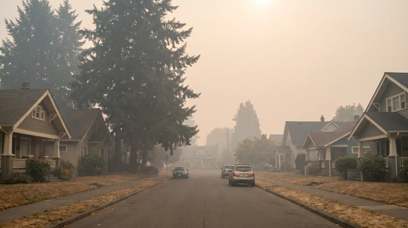 Wildfire smoke haze visible over a Portland neighborhood during an Oregon fire season event