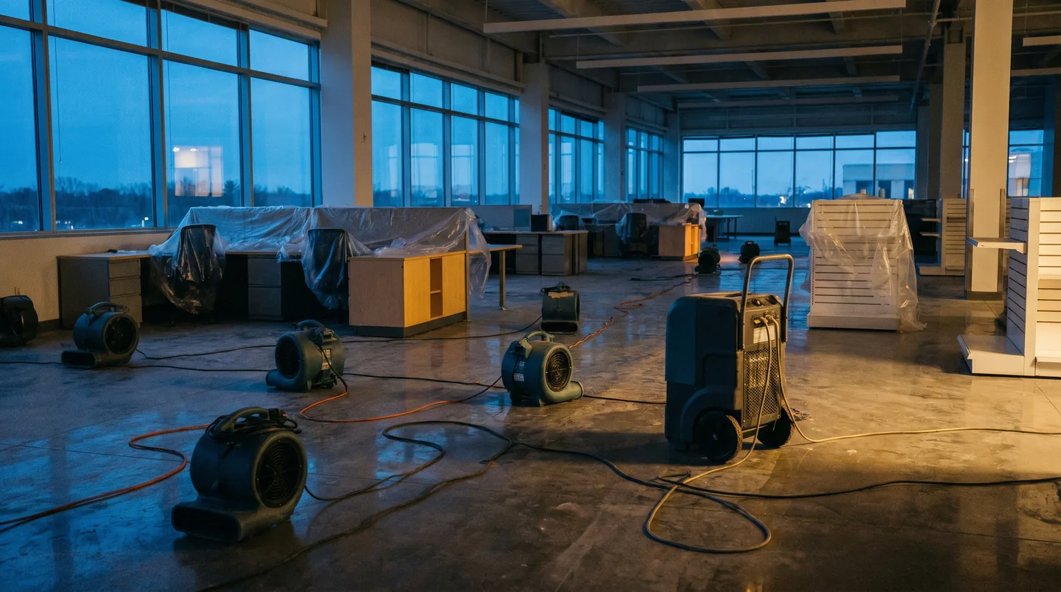 Industrial LGR dehumidifiers and air movers drying a multi-floor commercial building