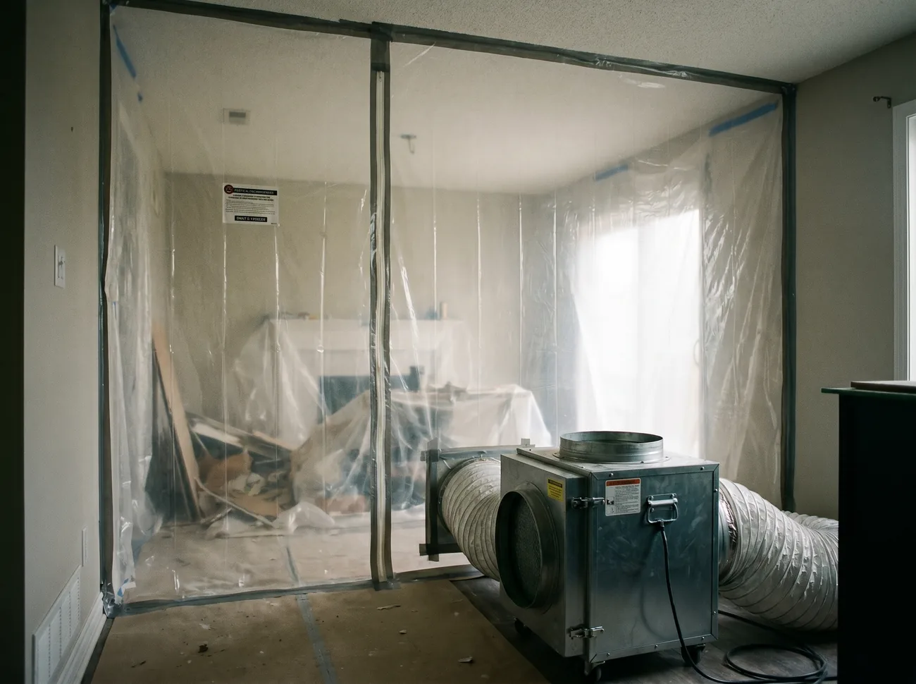 Containment barrier installed by RescueHero before mold removal in a Portland-area home