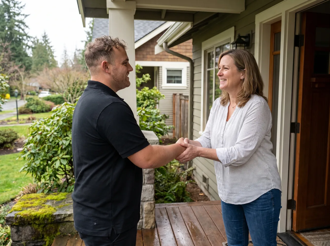 RescueHero technician reassuring a Portland-area homeowner after a water damage emergency