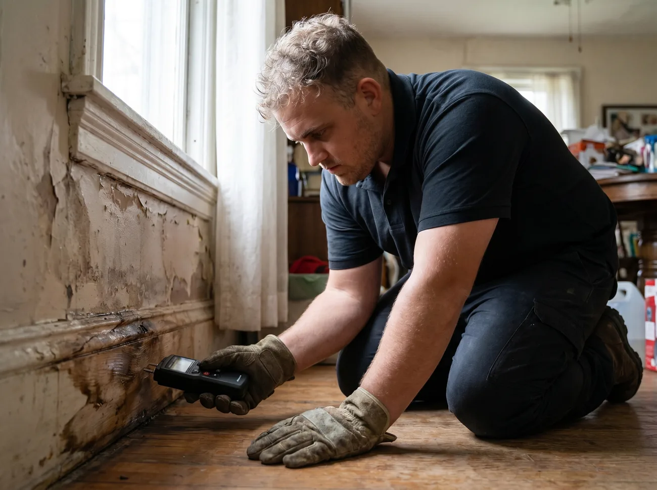 RescueHero technician inspecting moisture levels after water damage in a Vancouver WA home