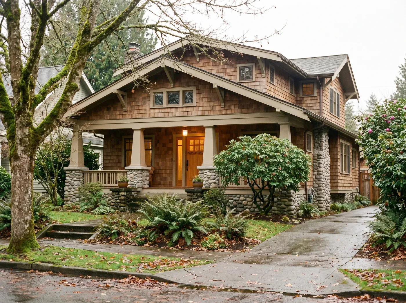 A mid-century Gresham home with a crawl-space foundation on a wet winter morning