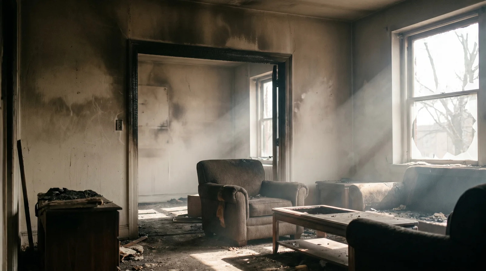 RescueHero technician assessing fire and soot damage inside a Portland-area home