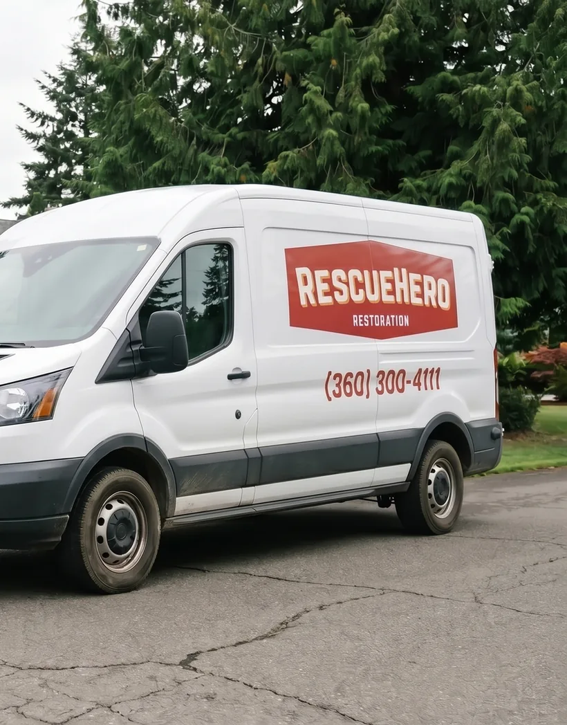 RescueHero Restoration van parked at a Portland-area home, ready for water, fire and mold restoration