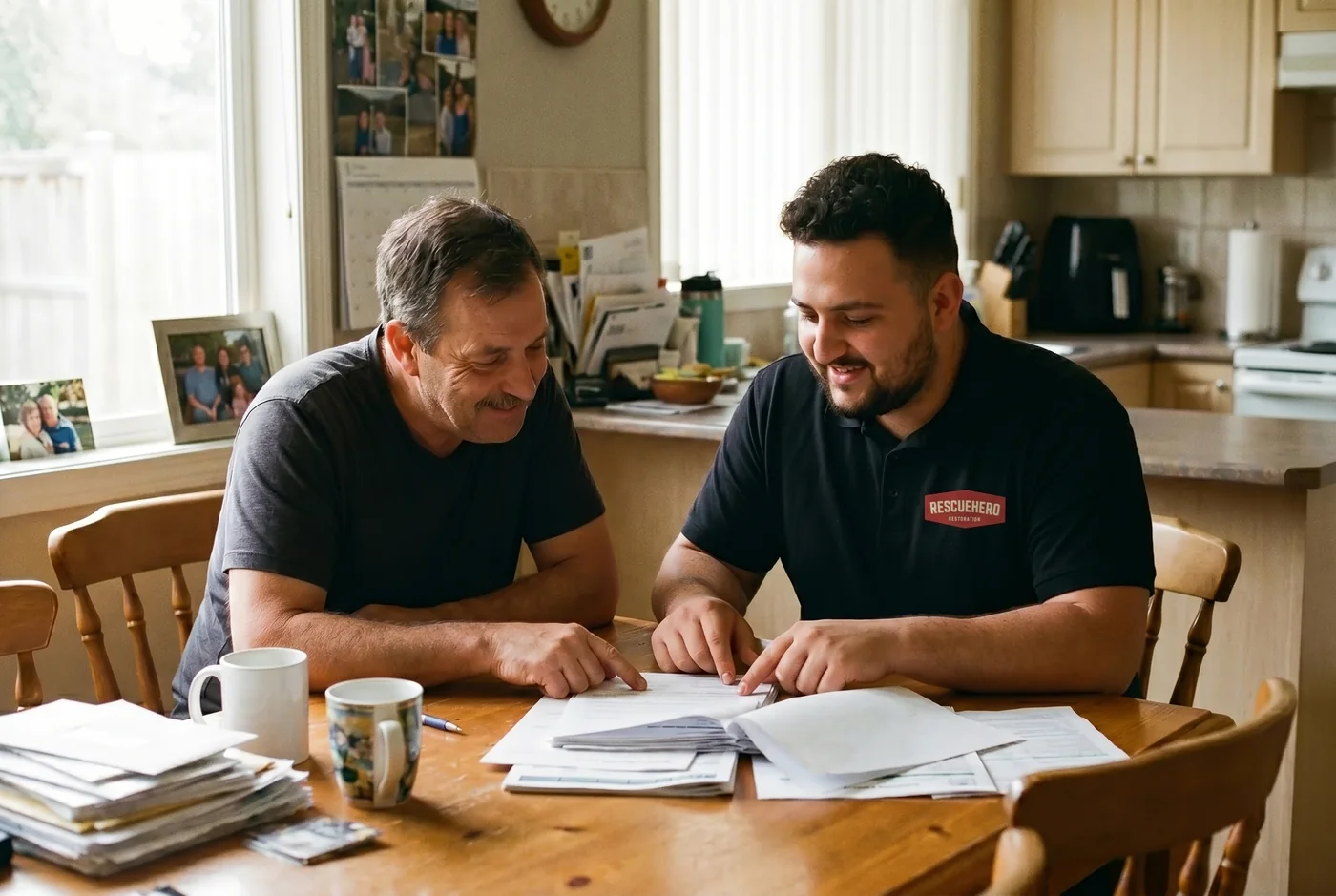 RescueHero specialist helping a homeowner couple with their insurance claim