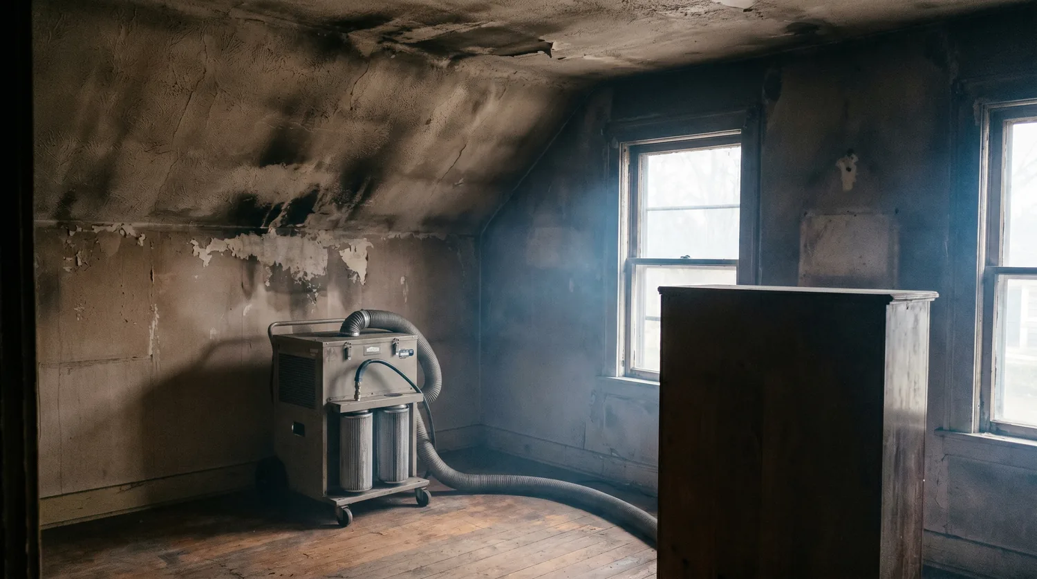 Soot and smoke residue coating walls and surfaces inside a fire-damaged Portland home
