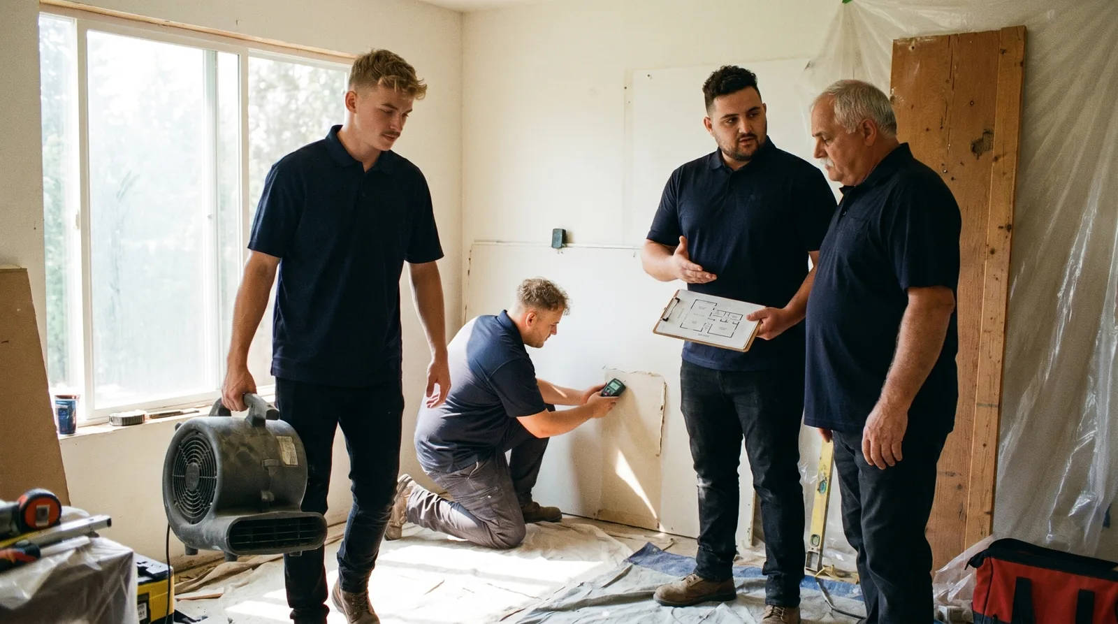 The RescueHero Restoration crew working together during a home restoration in the Portland-Vancouver metro